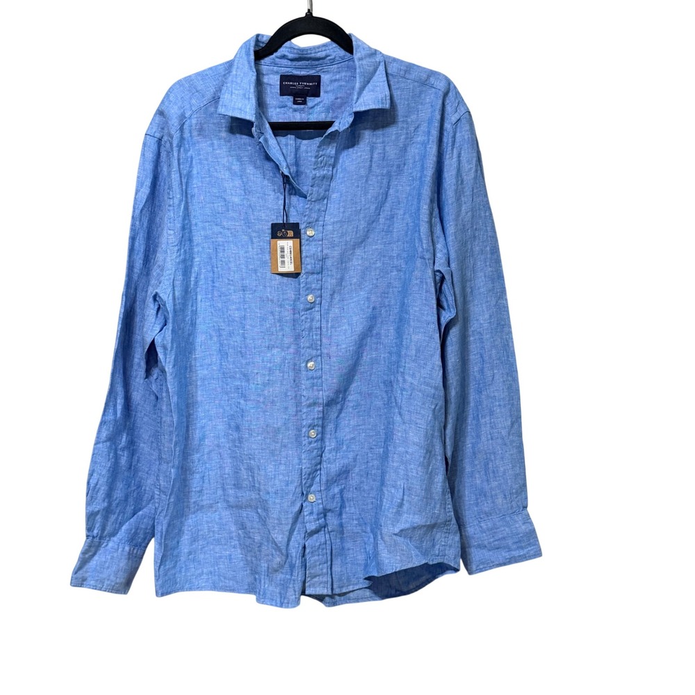 Charles Tyrwhitt Mens Large Pure Linen Shirt Ocean Blue Classic Fit CSH0014OCEL